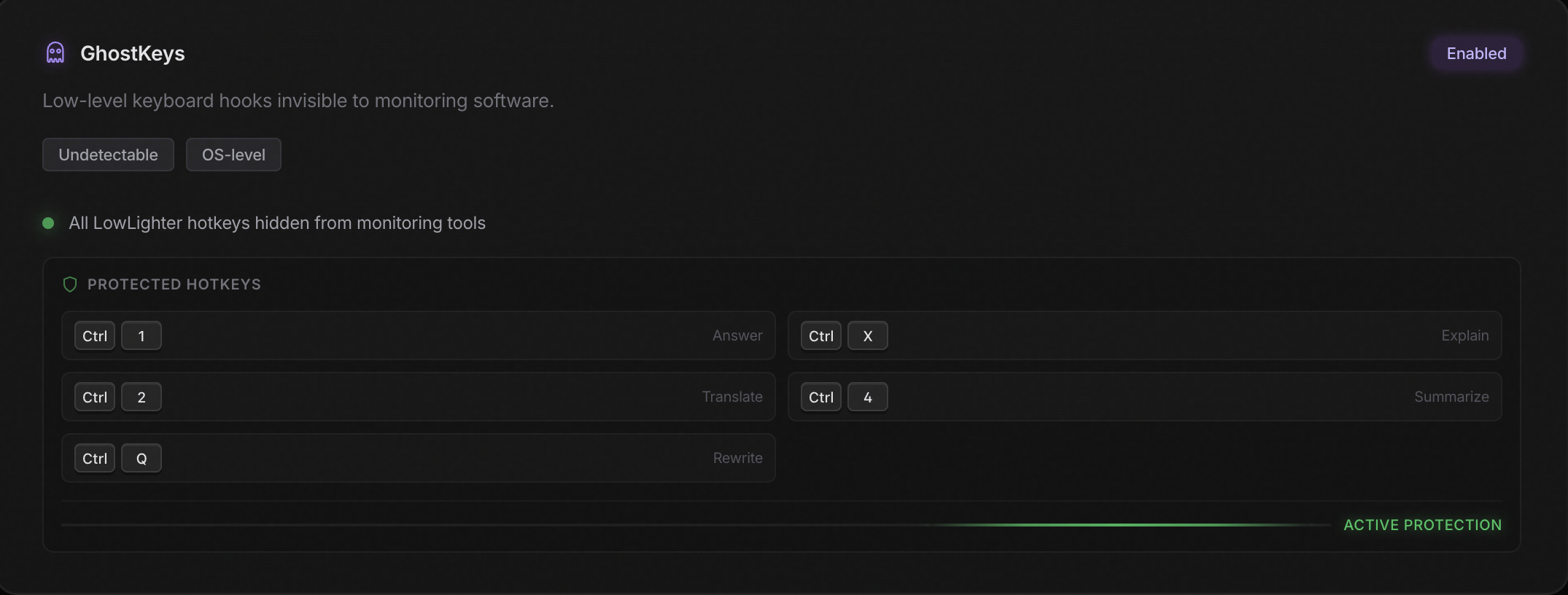 GhostKeys settings interface showing stealth hotkey configuration