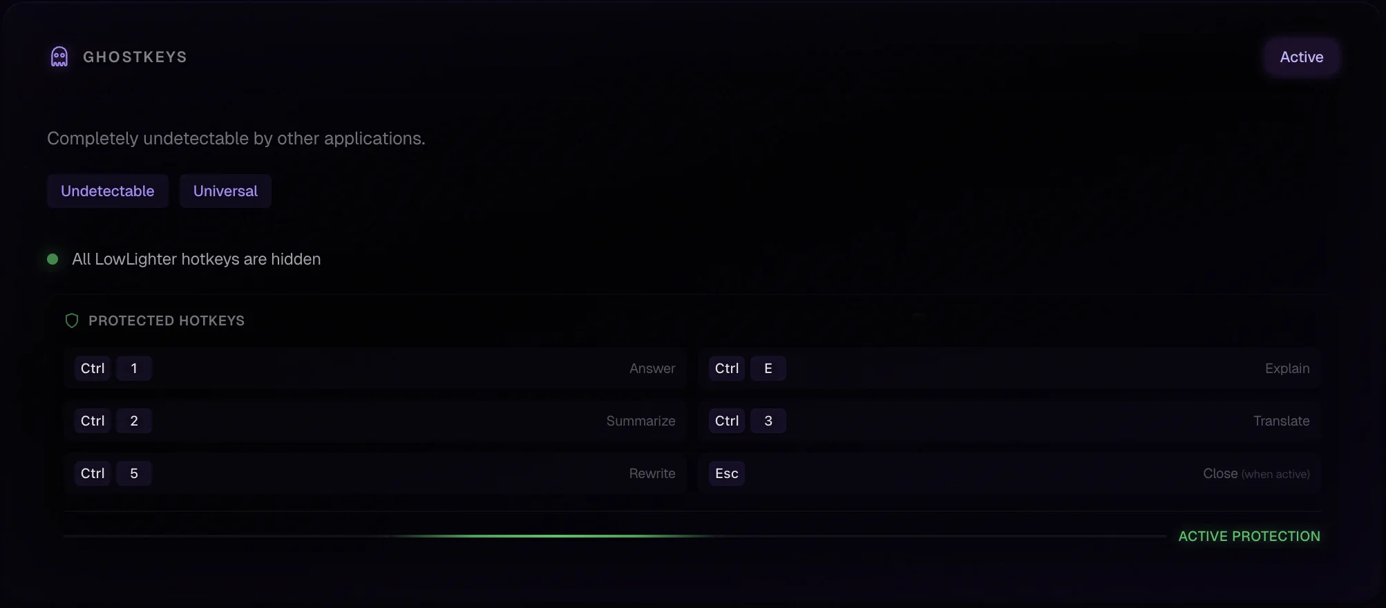 GhostKeys settings interface showing stealth hotkey configuration